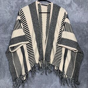 Hot & Delicious Women's Kimono Cardigan Black White Striped Fringe Open Front Sw